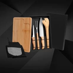 Kit Para Churrasco Em Bambu / Madeira / Inox Com Avental - 6 Pçs