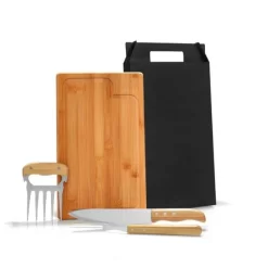 Kit Para Churrasco Em Bambu / Madeira / Inox - 4 Pçs
