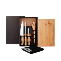 Kit Para Churrasco Em Bambu / Madeira / Inox Com Avental - 6 Pçs